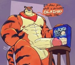 animal_humanoid anthro balls bar_stool big_penis blue_nose cereal_box felid felid_humanoid feline feline_humanoid frosted_flakes fur furniture genitals hand_behind_back hi_res holding_object humanoid jasperthecrab kellogg's male mammal mammal_humanoid markings mascot mostly_nude muscular muscular_male orange_body pantherine pantherine_humanoid penis scarf scarf_only simple_background solo stool striped_body striped_fur striped_markings stripes tail tiger tiger_humanoid tony_the_tiger