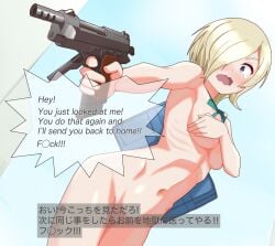 absurdres aiming bag beretta_93r blonde_hair blue_eyes blush breasts censored censored_text chokkakudo commentary covering_breasts covering_privates embarrassed english_text female green_ribbons gun hair_over_one_eye handgun highres holding holding_gun holding_weapon linea_alba love_live! love_live!_nijigasaki_high_school_idol_club medium_breasts medium_hair mia_taylor navel neck_ribbon nude open_mouth ribbon ribs school_bag solo speech_bubble subtitled tearing_up weapon zenra