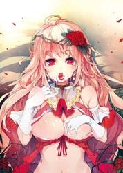 bare_shoulders blonde_hair breasts cleavage_cutout cum elbow_gloves facial female gloves heart heart-shaped_pupils highres large_breasts long_hair looking_at_viewer open_mouth original red_eyes symbol-shaped_pupils tongue tongue_out ukyo_rst white_gloves