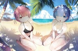 beach bikini blue_eyes blue_hair female female_focus pink_eyes pink_hair ram_(re:zero) re:zero_kara_hajimeru_isekai_seikatsu rem_(re:zero)