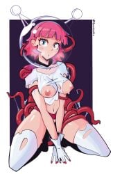 1girls aidancore blush breasts breasts_out corki_(pylons) gloves hamjam nipples original ripped_clothing ripped_skirt ripped_stockings space_helmet spacesuit tentacle tentacles_around_arms tentacles_around_legs torn_clothes torn_thighhighs
