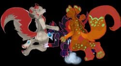 anthro ass bodily_fluids cali_the_fox canid canine cum excessive_cum excessive_genital_fluids fellatio fox genital_fluids genitals hi_res machine male mammal oral penile penis protogen sex spark_the_protogen spitroast stick theoxym