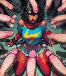 1girls ai_generated big_balls big_penis bracelets brown_eyes brown_hair brown_skin brown_skinned_female cock dark-skinned_female dick exposed_shoulders foreskin fully_clothed fully_clothed_female interracial jeans jeans_shorts kamala_khan light-skinned_male light_skin looking_up male marvel marvel_comics medium_breasts midriff ms._marvel ms._marvel_(kamala_khan) multiple_boys muslim muslim_female pakistani pakistani_female penis penis_out scarf shoes short_hair short_top shorts surrounded surrounded_by_men surrounded_by_penises uncircumcised uncut