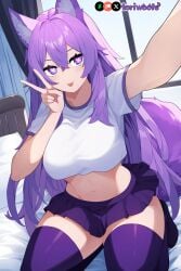 1girls :p ai_generated big_breasts breasts crop_top curvy cute dog_ears dog_girl doggirl female female_only highres hips huge_boobs huge_breasts kemonomimi light-skinned_female light_skin light_skinned_female long_hair patreon_username peace_sign petgirl petite purple_ears purple_eyes purple_hair purple_tail self_upload selfie skirt thick_thighs thighhighs thighs tori toriwoofs watermark wavy_hair wide_hips wolf_ears