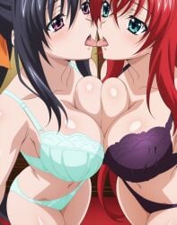2girls ai_generated akeno_himejima big_breasts bikini breast_press breast_to_breast female females_only girlfriends high_school_dxd indoors kissing lesbian_couple lesbian_kiss looking_at_each_other rias_gremory rias_x_akeno tongue_touching_another's_tongue tongues_touching wife_and_wife yuri