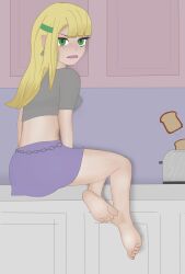 blonde_hair feet green_eyes kitchen looking_back original_character procreate_(software) soles