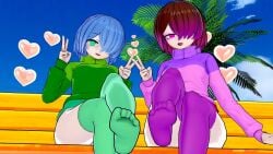 amber_lightvale bete_noire blue_hair brown_hair cloud feet female female_focus glitchtale green_eyes green_sweater green_thighhighs koikatsu open_mouth_smile pink_eyes pink_hair pink_sweater purple_sweater purple_thighhighs sky smiling thighhighs thighs tree