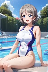 ai_generated blue_eyes blush brown_hair female love_live! love_live!_school_idol_project love_live!_sunshine!! medium_breasts one-piece_swimsuit short_hair swimsuit watanabe_you wavy_hair