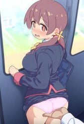 ai_generated ass back_view backboob bare_legs big_ass big_breasts big_butt blush braided_hair brown_eyes brunette_hair embarrassed fat_ass fingering groping huge_breasts huge_thighs light-skinned_female light_skin looking_back massive_breasts murosaki_miyo onii-chan_wa_oshimai! panties public_indecency public_masturbation school_uniform schoolgirl shortstack thick_thighs thighs upskirt voluptuous voluptuous_female