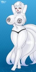 anthro areola big_breasts blush breasts canid canine clothing dark_nipples female full-length_portrait fur generation_1_pokemon grey_areola grey_nipples hi_res huge_breasts mammal ninetales nintendo nipples pokemon pokemon_(species) portrait razplus shiny_pokemon smile solo tail wet wet_clothing white_body white_fur