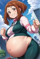 ai_generated big_belly big_breasts breasts my_hero_academia ochako_uraraka ochako_uraraka_(hero_outfit) pregnancy pregnant pregnant_belly ready_to_pop uraraka_ochako