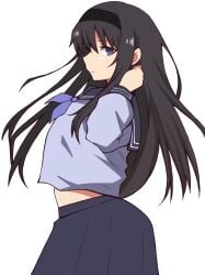 ass black_hair blue_eyes bottom_heavy colored curvy curvy_figure female female_focus hand_behind_head headband hips long_hair looking_at_viewer maz_515 melty_blood midriff plump posing school_uniform seifuku showing_belly showing_tummy skirt thick tohno_akiha tsukihime tsukihime_(remake) tummy wide_hips