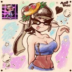 1girls alternate_costume artist_name black_hair breasts callie_(splatoon) callie_(summer_nights) heart inkling inkling_girl looking_at_viewer marodraws navel nintendo official_alternate_costume one_eye_closed pointy_ears splatfest splatoon splatoon_(series) splatoon_3 summer_nights_splatfest tentacle tentacle_hair tongue tongue_out wink winking_at_viewer