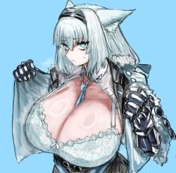 1girls armored_gloves blue_eyes blue_tie cat_ears dobrynya_nikitich_(fate) exposed_breasts exposed_cleavage fate/grand_order fate_(series) lace_bra maabo_harusame nff steam tagme tie white_hair white_lace