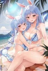 2girls animal_ear_fluff animal_ears beach bikini blue_bikini blue_hair blue_sky braid braided_ponytail breasts cleavage cross_hair_ornament hair_ornament highres hololive hug large_breasts long_hair looking_at_viewer mother_and_daughter mr.canaryy multiple_girls open_mouth orange_eyes palm_leaf pekomama rabbit-shaped_pupils rabbit_ears rabbit_girl rabbit_tail sand sky small_breasts smile swimsuit symbol-shaped_pupils tail usada_pekora virtual_youtuber water white_hair