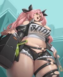 belly belly_button chubby chubby_female female female_focus female_only fur-trimmed_shorts green_eyes green_eyes_female hoyoverse mihoyo mihoyo_technology_(shanghai)_co._ltd. nicole_demara pink_hair pink_hair_female solo solo_female solo_focus zenless_zone_zero