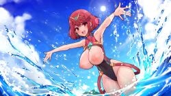 ass bare_breasts beach big_breasts core_crystal hands_in_air hands_up ocean ocean_background pyra pyra_(xenoblade) smile smiling smiling_at_viewer splashing virus-g water xenoblade_(series) xenoblade_chronicles_2