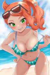 beach female female_only glasses green_bikini green_eyes hand_on_hip large_breasts leaning_forward looking_at_viewer maho_(corotonton5150) nintendo orange_hair pokemon ponytail pulling_bikini_string solo sonia_(pokemon) striped_bikini