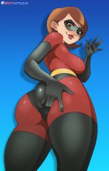 ass ass_focus booty elastigirl helen_parr hi_res looking_at_viewer mommy pinup pixar pixar_mom spandex spotty_arts spread_ass superheroine the_incredibles uncensored waving