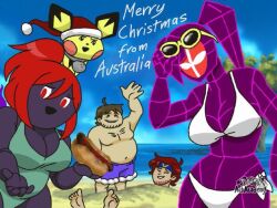 2girls 3boys archdan athletic_female beach bikini black_body buried_in_sand christmas_hat chubby chubby_female chubby_male female female_focus fighting_wire_frames fire_emblem hotdog human humanoid ice_climber male nintendo nintendo_switch ocean one-piece_swimsuit pichu pichu_(archdan) pokemon pokemon_(species) poly_(archdan) popo_(archdan) popo_(ice_climber) prima_(archdan) primid purple_body roy_(archdan) roy_(fire_emblem) sand sky sunglasses_on_head sunglasses_removed super_smash_bros. super_smash_bros._brawl super_smash_bros._for_nintendo_3ds_and_wii_u super_smash_bros._melee super_smash_bros._ultimate swimsuit swimsuits white_bikini