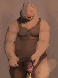 anthro balls belly blush boar bottomless brown_background brown_fur canine chubby clothed clothing cock_transformation erection fur hair_tuft half-dressed holding_penis humanoid_penis kemono looking_down male mammal moobs muscles nipple_bulge open_mouth peeing penis penis_transformation plain_background porcine sansh shirt solo standing tank_top tears teeth tongue transformation tusks urine vein veiny_penis