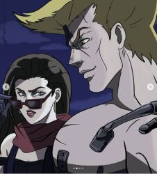 1boy 1girls bara bara_tiddies bara_tiddy bara_tits bara_titties battle_tendency girl_staring_at_guy's_chest huge_pecs jojo's_bizarre_adventure lisa_lisa looking_over_eyewear looking_over_sunglasses meme pecs rudolph_von_stroheim sunglasses tinted_eyewear yana_medovyxa