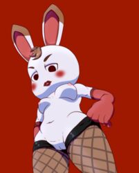 aku_no_novi animal_crossing anthro blush breasts clothing female fishnet hair lagomorph lipstick looking_at_viewer mammal nintendo nipples nude pussy rabbit smile solo tiffany_(animal_crossing) video_games