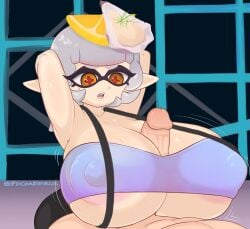 1boy 1girls boob_window breasts_bigger_than_head cleavage clothed covered_nipples female fromariels handsfree_paizuri huge_breasts marie_(splatoon) marie_(summer_nights) nintendo nipples_visible_through_clothing no_bra paizuri paizuri_under_clothes revealing_clothes splatfest splatoon splatoon_3 squid_sisters summer_nights_splatfest underboob