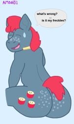 3:5 anthro anthrofied apple_split_(mlp) ass batgender big_butt blue_body bodily_fluids closed_eyes cutie_mark earth_pony english_text equid equine freckles freckles_on_ass friendship_is_magic hasbro hi_res horse looking_back male mammal mostly_nude my_little_pony necktie necktie_only nervous nervous_smile nervous_sweat pony solo sweat text