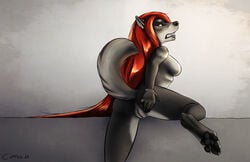 2015 anthro anus ass breasts canine coffeestain female hair long_hair mammal nude presenting presenting_hindquarters presenting_pussy pussy red_hair sideboob solo wolf