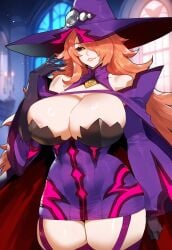 ai_generated black_sclera blazblue cleavage creamy_ai curvy huge_breasts konoe_a_mercury long_hair pink_hair thick_thighs wide_hips witch witch_hat yellow_eyes