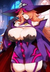 ai_generated black_sclera blazblue cleavage creamy_ai curvy huge_breasts konoe_a_mercury long_hair nine_the_phantom pink_hair thick_thighs wide_hips witch witch_hat yellow_eyes