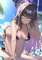 absurdres aosaki_yukina beach bikini black_bikini black_hair blue_archive blue_sky breasts cleavage closed_mouth commentary dark-skinned_female dark_skin female full_body hair_between_eyes halterneck highres karin_(blue_archive) large_breasts long_hair looking_at_viewer nail_polish outdoors palm_tree sandals shadow side-tie_bikini_bottom sidelocks sky smile solo string_bikini sunlight swimsuit thighs toenail_polish toenails tree wet yellow_eyes