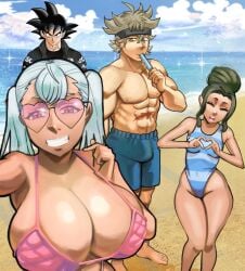 2boys 2girls asta_(black_clover) beach big_breasts bikini black_clover black_hair breasts charmy_papittoson crossover dragon_ball dragon_ball_z drip_goku drip_jacket female green_eyes hi_res huge_breasts large_breasts male meme multiple_boys multiple_girls muscular_male noelle_silva pink-tinted_eyewear purple_eyes scharlottelambo selfie silver_hair size_difference skimpy small_breasts smile son_goku sunglasses swimsuit thick_thighs thighs tinted_eyewear twintails