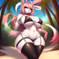 ai_generated anthro arched_back ass ass_cleavage ass_focus beach big bikini breasts cameltoe curvy_body dat_ass female female_only front_view frosting.ai furry furry_only horny_expression huge_ass looking_at_viewer nipple_bulge pokemon pokemon_(species) sideboob small_bikini standing sylveon tagme tail thesadman_ thick_ass thick_thighs thighhighs thighs wide_hips