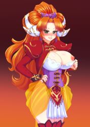 blush breasts cleavage corset earrings female grandia grandia_ii green_eyes hair_ornament hands_on_hips large_breasts long_hair millenia nail_polish nipples one_breast_out orange_hair pastelletta red_legwear red_nails skirt smile solo standing thighhighs