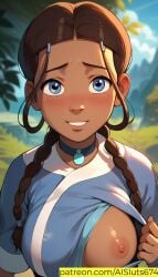 1girls ai_generated ai_sluts avatar_legends avatar_the_last_airbender blue_eyes blush blushing blushing_at_viewer female female_only katara one_breast_out sole_female water_tribe