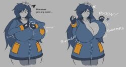 angela_(magnaprospekt) big_breasts blue_hair breasts breasts_bigger_than_head breasts_too_big broken_zipper hair_flower huge_breasts magnaprospekt oc original original_character pulling_zipper robot robot_girl snapping_zipper zipper