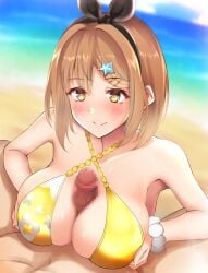 1boy 1girls atelier_(series) atelier_ryza atelier_ryza_1 bare_shoulders beach bikini black_ribbon blush breasts breasts_squeezed_together brown_eyes brown_hair censored cleavage collarbone dain_(bishop_m) erection female highres large_breasts light-skinned_female light-skinned_male light_skin paizuri penis reisalin_stout ribbon short_hair smile straight swimsuit yellow_bikini