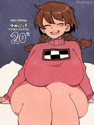 bottomless bottomless_female clothed female huge_breasts madotsuki sitting spicyfuse thick_thighs turtleneck turtleneck_sweater yume_nikki