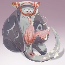 2_penises :3 animal_genitalia animal_penis anthro anus big_man_(splatoon) blush bodily_fluids clothing cum fish flat_body genital_fluids genitals grey_body hat headgear headwear hemipenes hi_res male manta_ray marine multi_genitalia multi_penis nintendo orgasm penis ray_(fish) saba_subdup solo splatoon stingray sweat tapering_penis vein veiny_penis