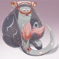 2_penises :3 animal_genitalia animal_penis anthro anus big_man_(splatoon) blush bodily_fluids clothing fish flat_body genitals grey_body hat headgear headwear hemipenes hi_res male manta_ray marine multi_genitalia multi_penis nintendo penis ray_(fish) saba_subdup solo splatoon stingray sweat tapering_penis vein veiny_penis