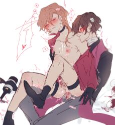 anal anal_sex bite_mark blush bungo_stray_dogs chuuya_nakahara colored cum dazai_osamu drunk_sex feminine fully_clothed heart-shaped_pupils hickey male mostly_nude penis riding_penis skinny yaoi