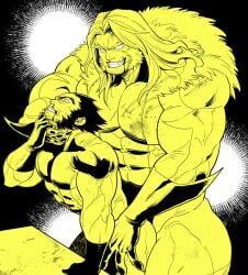 bara costume dubious_consent facial_hair gay james_howlett male male_only manly marvel marvel_comics monochrome muscles muscular questionable_consent redjack_036 sabretooth size_difference victor_creed wolverine_(x-men) x-men yaoi yellow_theme