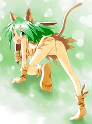 abstract_background animal_ears anus ass blush boomerang bottomless cat_ears cham_cham clothed clothing female green_eyes green_hair hair half-dressed humanoid looking_at_viewer looking_back open_mouth presenting presenting_hindquarters pussy samurai_shodown solo tatata video_games