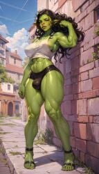 abs ai_generated athletic athletic_futanari black_hair breasts bulge bulge_through_clothing flexing flexing_bicep futanari goblinenthusiast green_skin large_breasts micro_shorts muscular muscular_futanari nipples_visible_through_clothing orc orc_futanari outdoors penis_bulge pointy_ears sandals self_upload sideboob solo solo_futa street tall tank_top thick_thighs