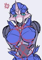 1girls 2d 2d_(artwork) anger_vein angry angry_vein arcee arcee_(prime) autobot blue_eyes blush blushing blushing_at_viewer blushing_female bondage cybertronian female female_only konro_yoyogei robot robot_girl shibari shibari_bondage solo tied_up transformers transformers_prime