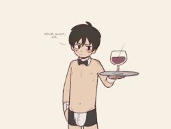 blush butler butler_underwear_(meme) drinking_glass najka nipples non_nude nonsexual questionable