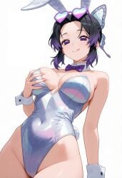 1girls :q ai_generated animal_ears bangs bare_shoulders bow bowtie breasts bunny_ears bunny_girl bunny_tail bunnysuit butterfly_hair_ornament detached_collar fake_animal_ears fake_tail female gradient_hair hair_ornament heart heretikka highleg kimetsu_no_yaiba kochou_shinobu large_breasts leotard looking_at_viewer multicolored_hair pantyhose parted_bangs purple_eyes purple_hair purple_leotard short_hair solo strapless strapless_leotard tail tongue tongue_out white_leotard wrist_cuffs