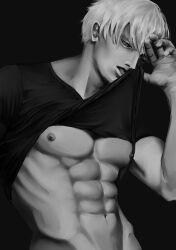 1boy jojo&#039;s_bizarre_adventure male male_nipples male_only monochrome muscular_male pecs risotto_nero shirt_pull shirt_pulled_up tongue_out vento_aureo